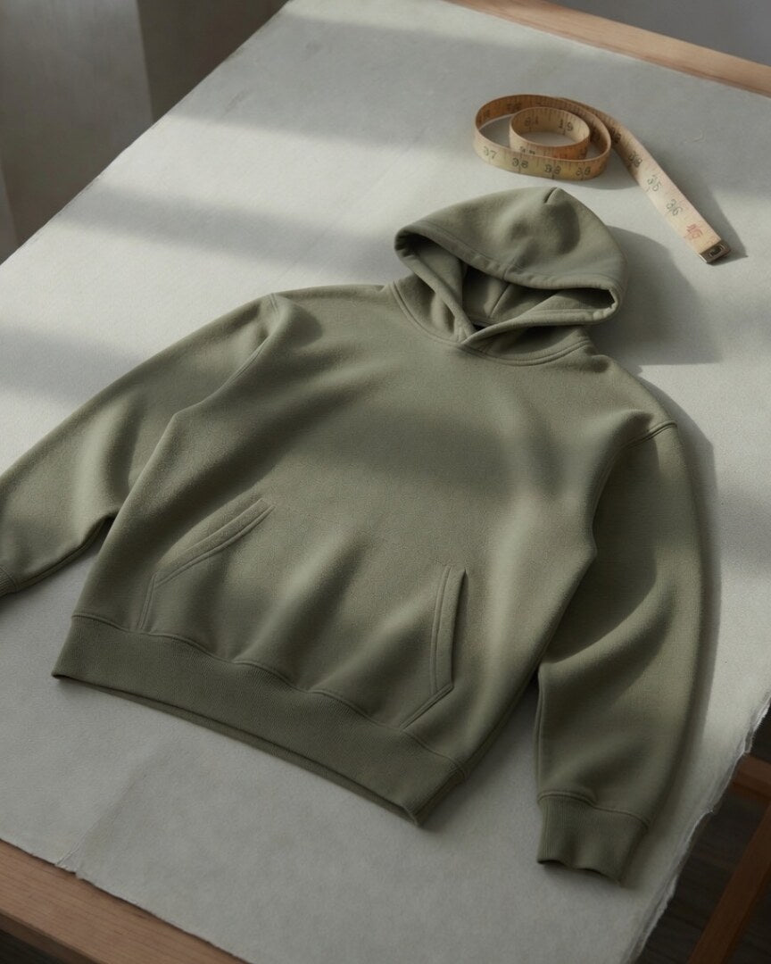 Generated still of a laid-flat Relaxed midweight hoodie.